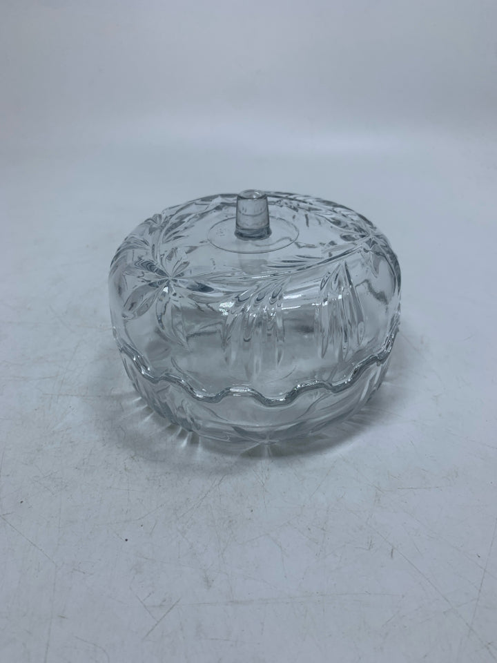 CLEAR GLASS APPLE SHAPED NUT BOWL W/ EMBOSSED FLOWERS.