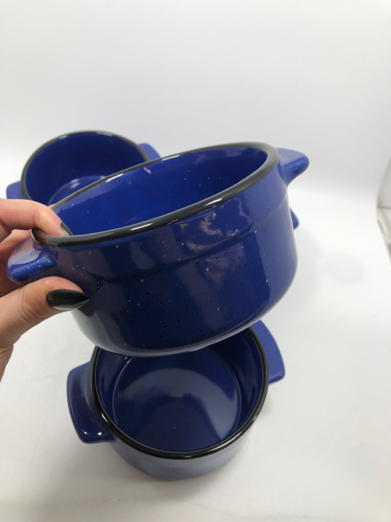 4 BLUE SPECKLE SOUP BOWLS W/BLACK RIM.