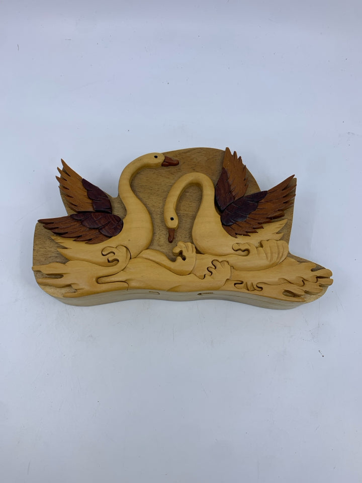 2 TONED WOOD SWAN PUZZLE BOX.