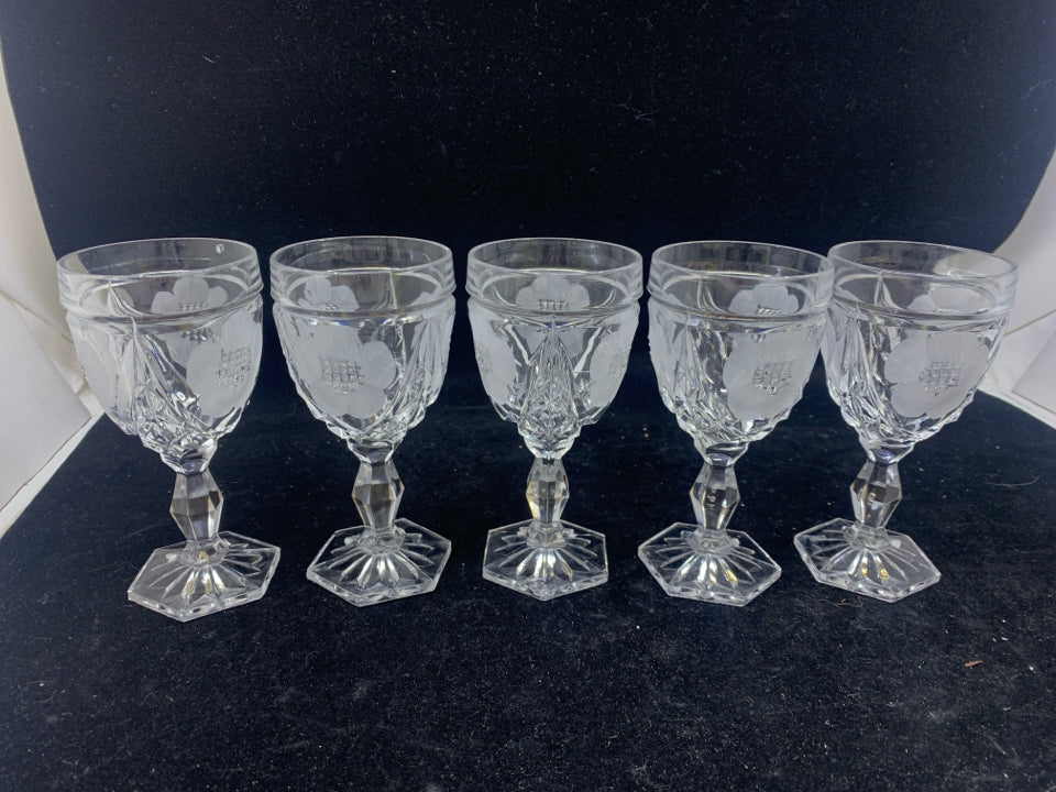 5 CUT GLASS ETCHED FLORAL WINE GLASSES.