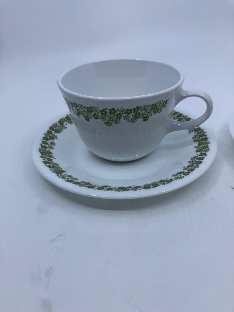 12 PC GREEN FLORAL CORELLE CUPS AND SAUCER SET- 6 CUPS, 6 SAUCERS.