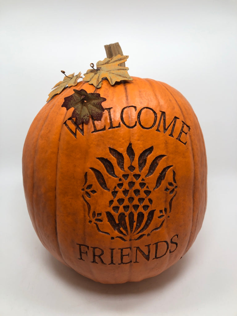 "WELCOME FRIENDS" ORANGE CARVED FAUX PUMPKIN.