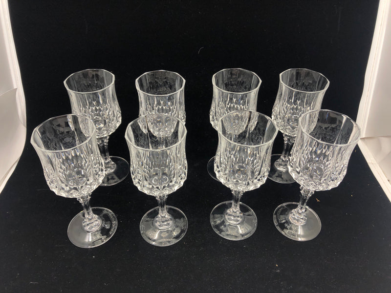 8 CUT GLASS WINE GLASSES.