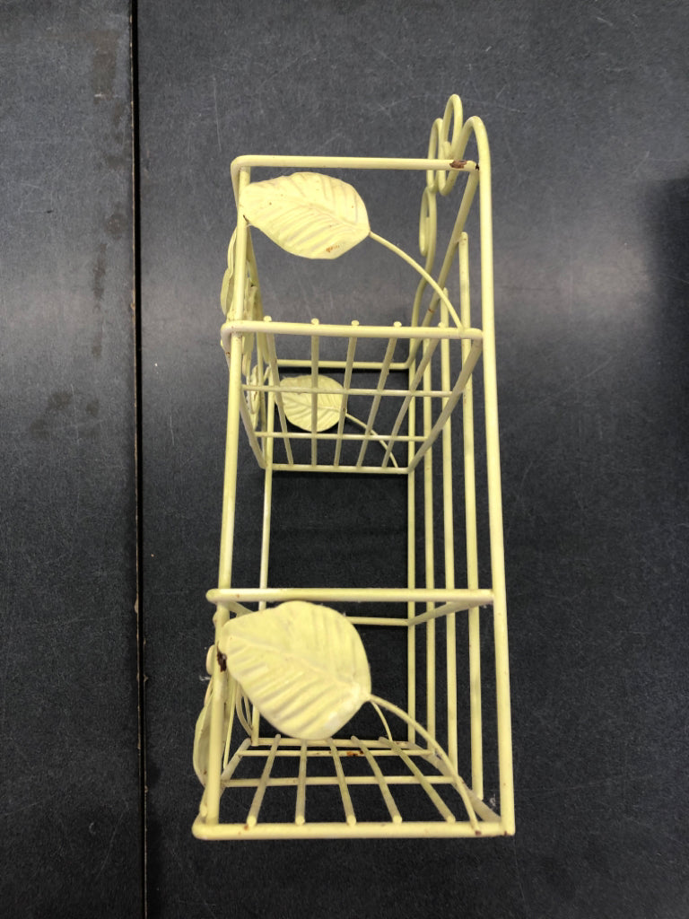 LIGHT GREEN WIRE ORGANIZER SHELF HANGING W/WELDED LEAVES & FLOWER.