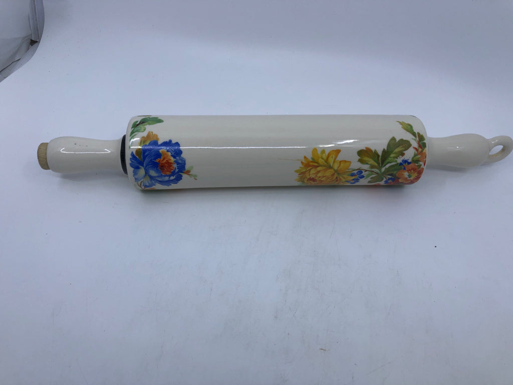 WHITE W FLORAL CERAMIC HANGING FILLABLE ROLLING PIN.