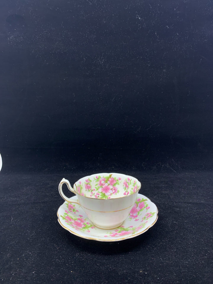 VTG ROYAL STUART PINK FLORAL TEACUP AND SAUCER.