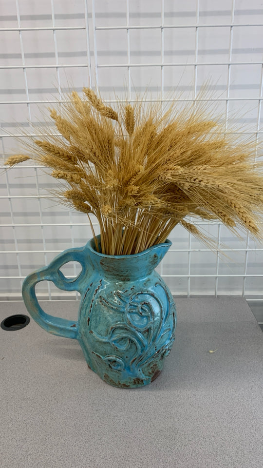 BLUE GLAZED POTTERY PITCHER W/WHEAT DECOR.