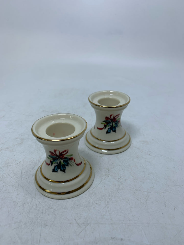 2 LENOX WINTER GREETING SHORT TAPERED CANDLE HOLDERS RED RIBBON.