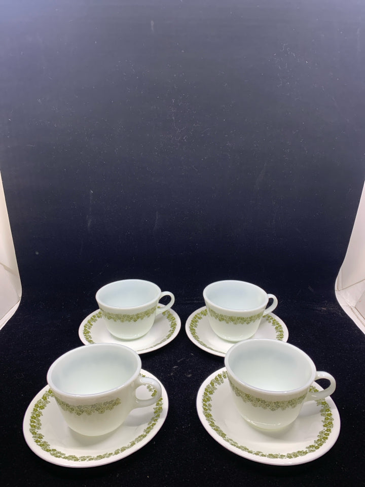 4 VTG PYREX GREEN FLORAL MUGS AND SAUCERS