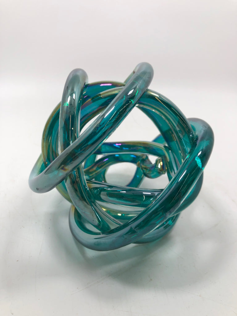 BLOWN TEAL GLASS KNOT DESK DECOR.