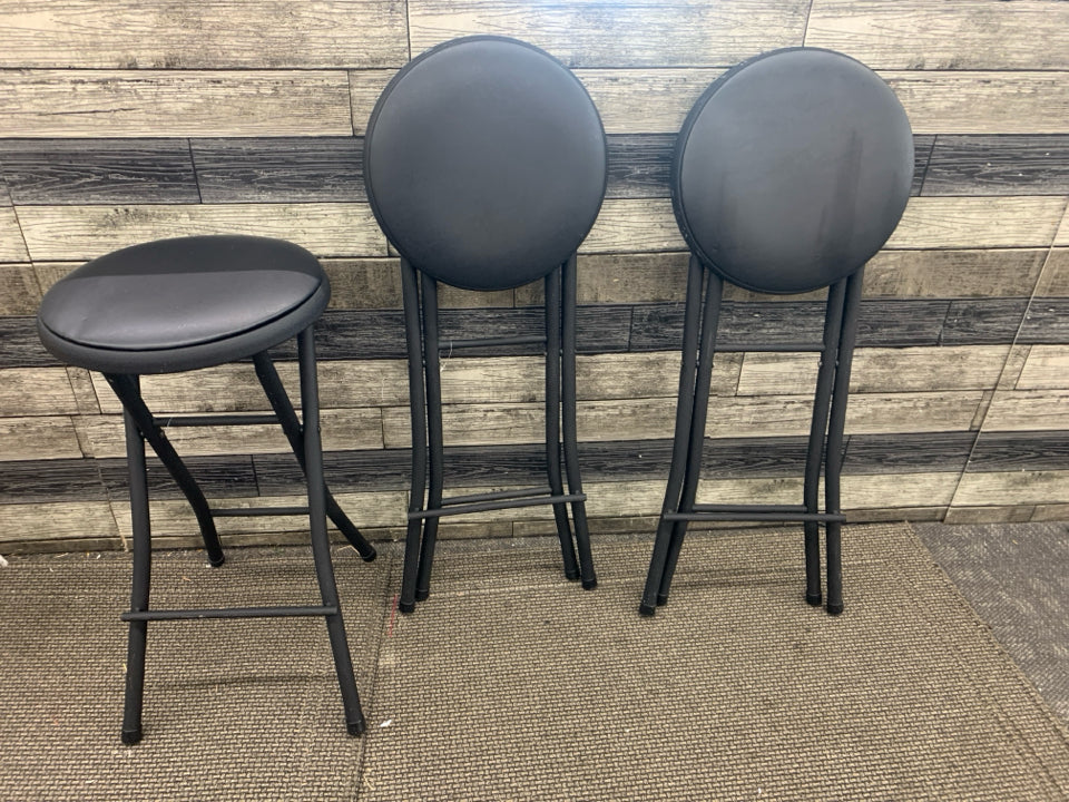 3 BLACK METAL FOLDING STOOLS-VERY MINOR MARKINGS.