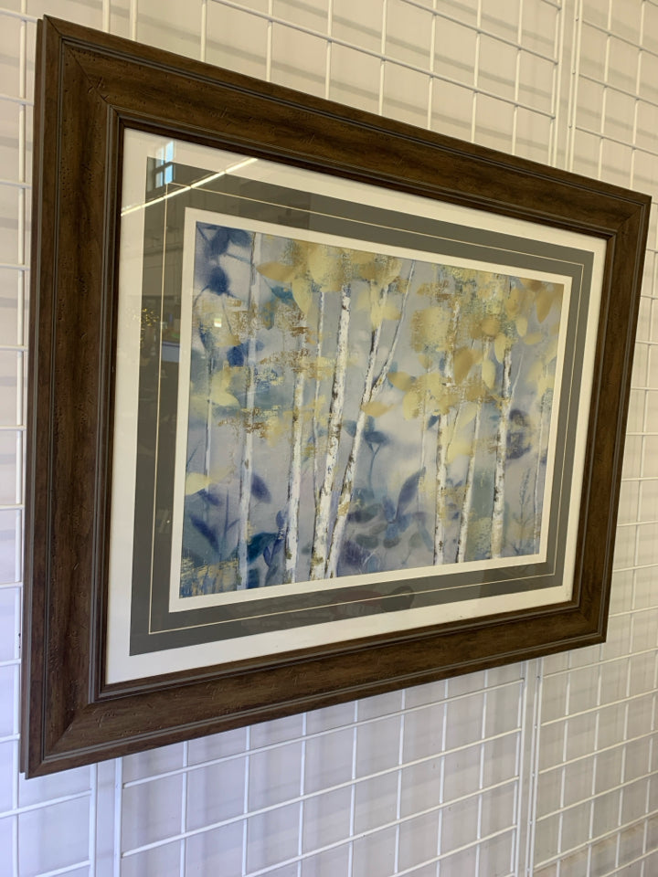 BROWN WOOD FRAME ETCHED DESIGN GUILDED FOREST WALL ART.