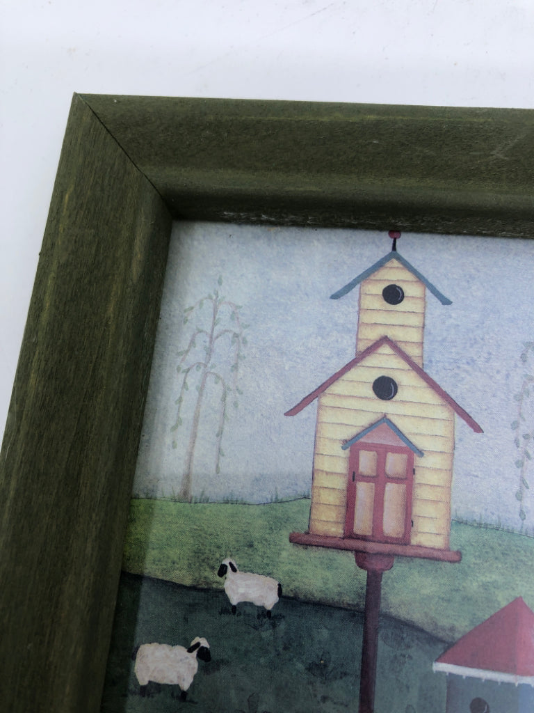 PRIMITIVE SHEEPS W/BIRD HOUSES IN GREEN FRAME.