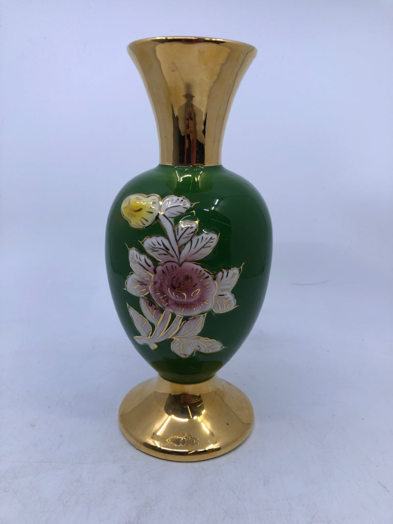 GREEN GOLD VASE W/ YELLOW PINK FLOWERS.