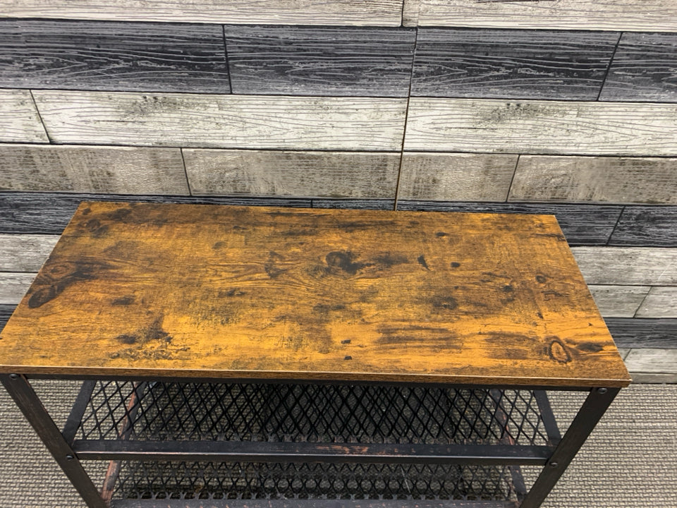 BLACK METAL FAUX WOOD TOP SHOE RACK/ BENCH.