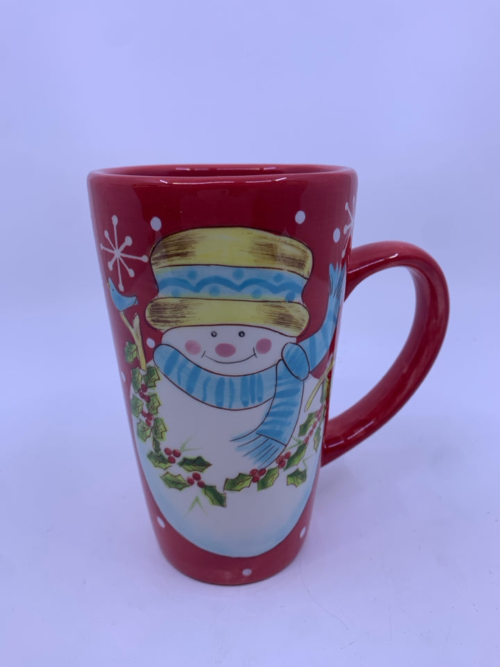 TALL RED SNOWMAN MUG.