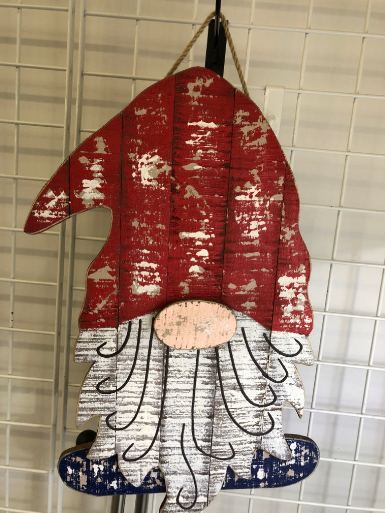 RED WHITE AND BLUE DISTRESSED GNOME WALL HANGING.