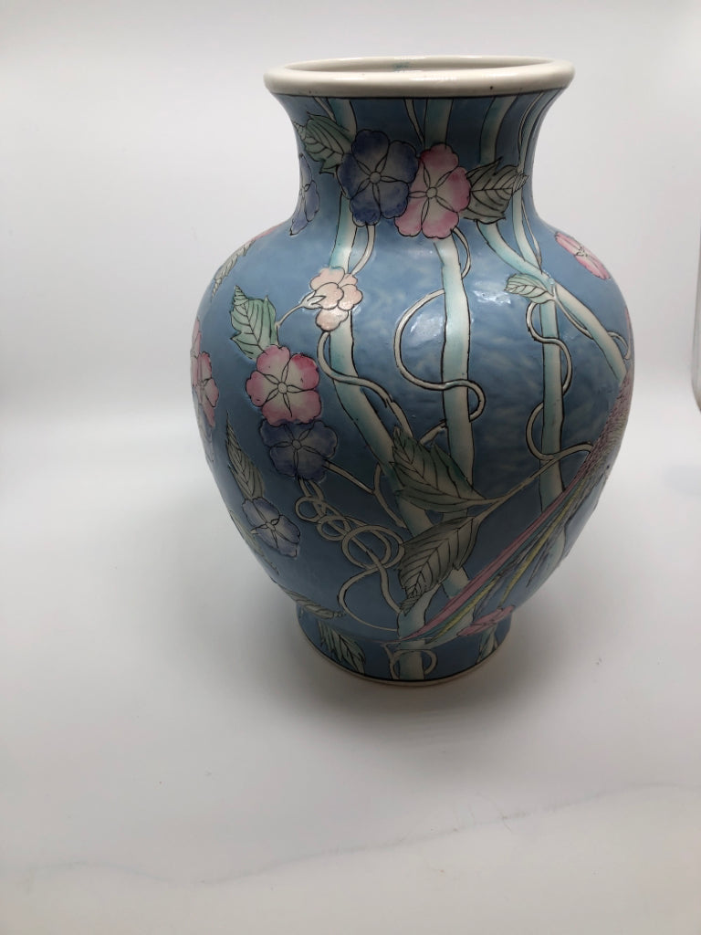 BLUE CERAMIC VASE W/PAINTED BIRDS AND FLOWERS.