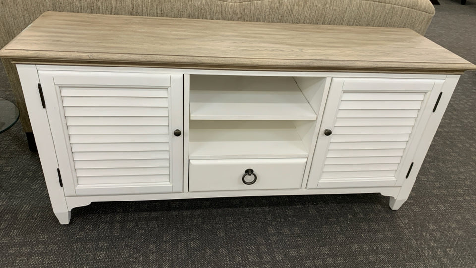 WHITE TV/ MEDIA CONSOLE W/GREY WOOD TOP, 2 DOORS DRAWER.