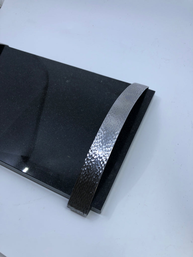 BLACK MARBLE TRAY W/SILVER HANDLES.