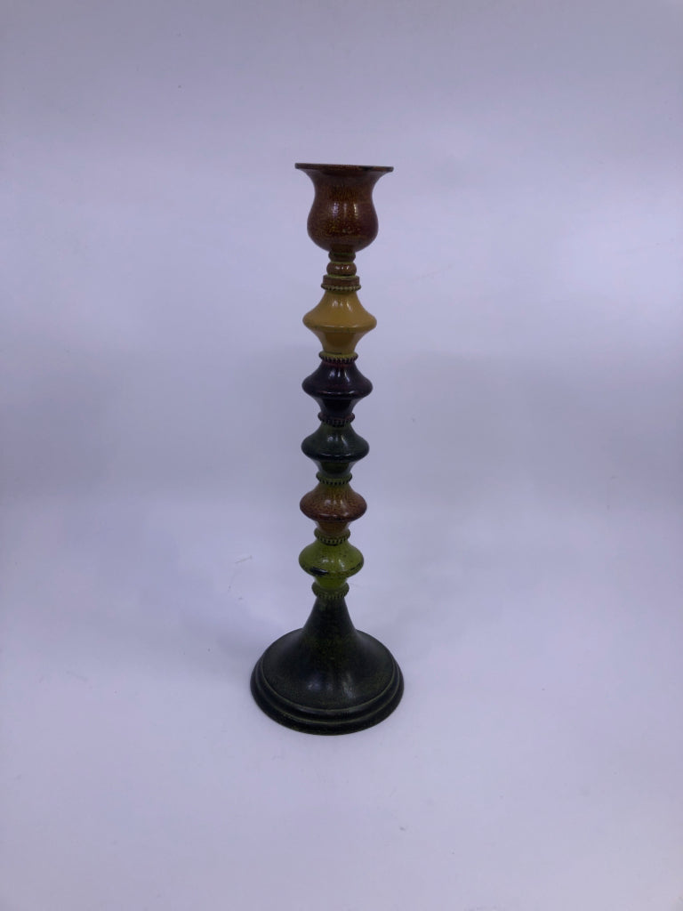 MULTI COLORED DISTRESSED CANDLE HOLDER.