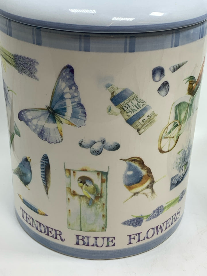 2 BLUE BIRDS AND BUTTERFLIES CANISTERS.