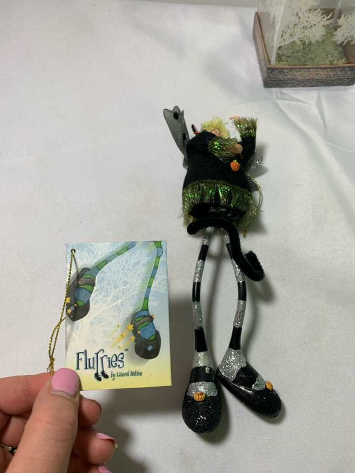 BLONDE GIRL DRESSED AS BLACK CAT HALLOWEEN ORNAMENT.