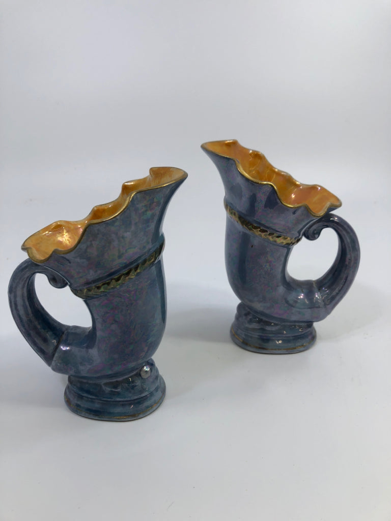 2PC VTG BLUE+ORANGE LUSTERWARE CORNUCOPIA VASE.
