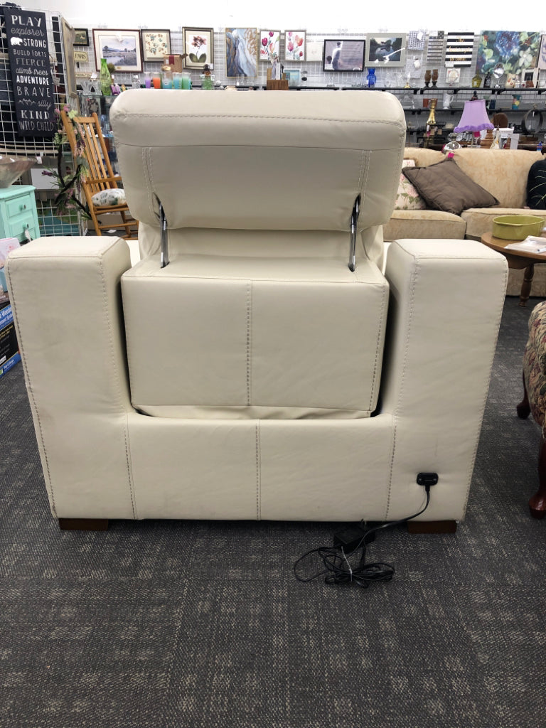 WHITE FAUX LEATHER RECLINER.