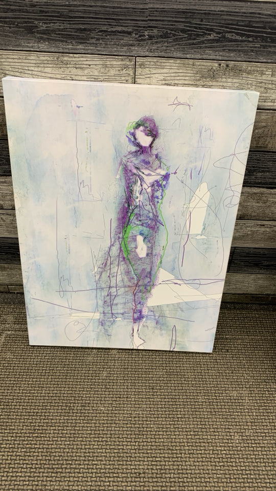 WOMAN IN PURPLE ON CANVAS.