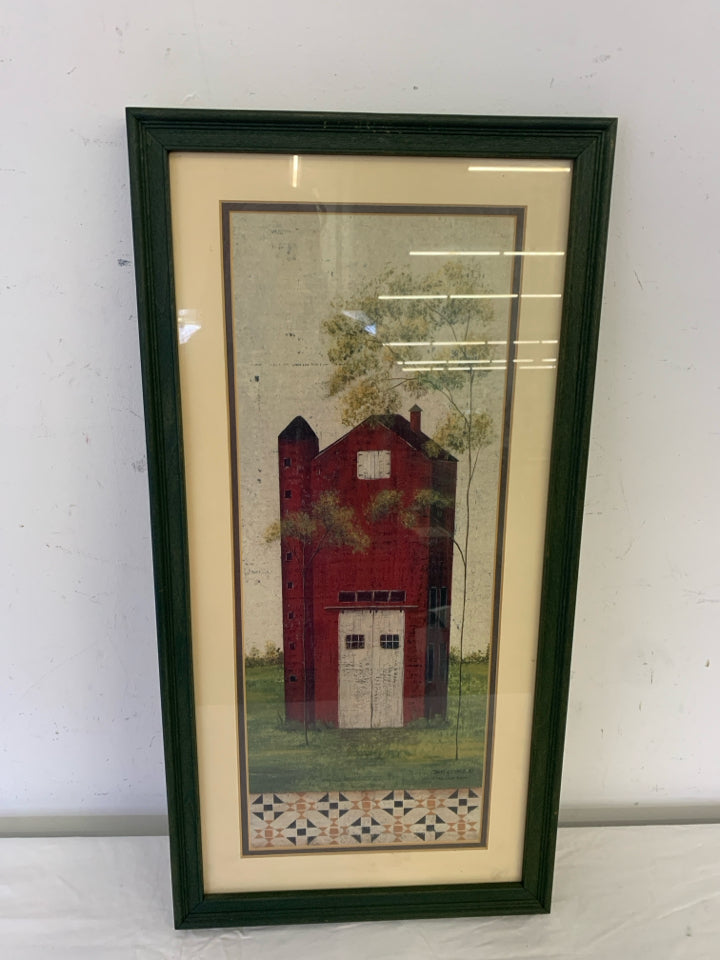 PRIMITIVE BARN IN GREEN FRAME WALL ART.