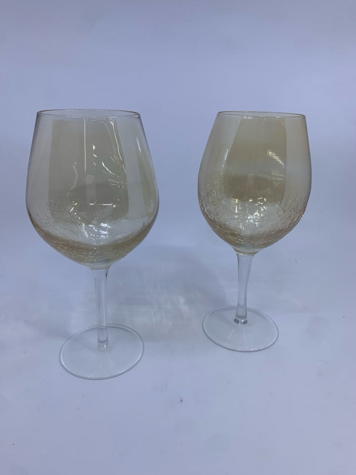 2 ORANGE CRACKLE GLASS LARGE WINE GOBLET.