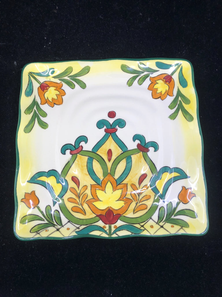 2 CERAMIC SERVING PLATTERS ORANGE/YELLOW FLOWER DESIGN DARK GREEN RIM.