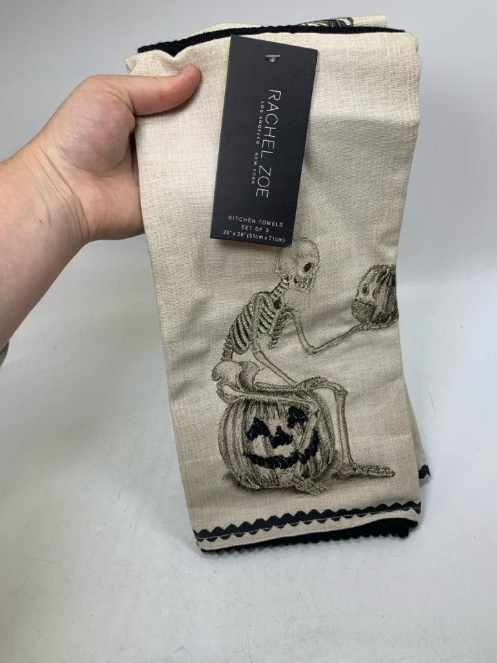 3 RACHEL ZOE SKELTON THEMED KITCHEN TOWELS.