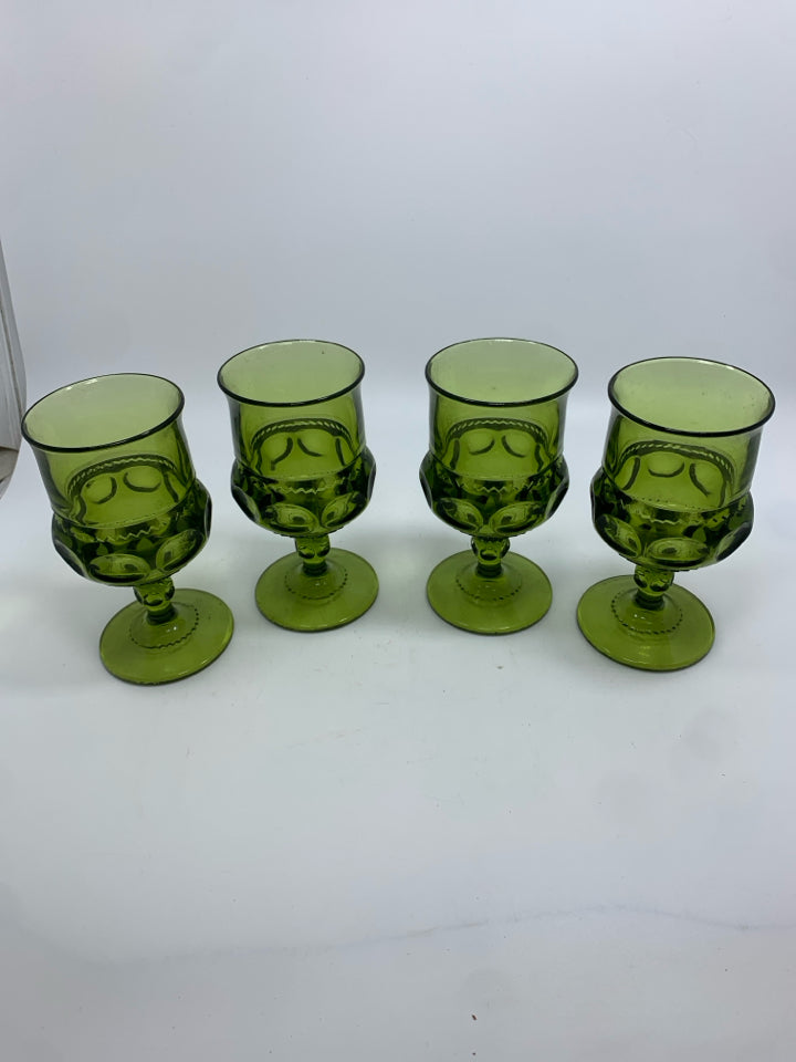 4 VTG GREEN GLASS GOBLETS.