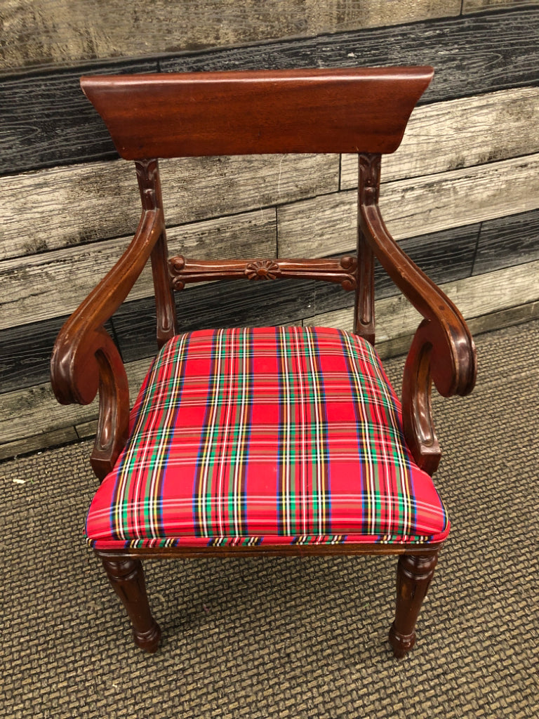 DRK WOOD DOLL CHAIR W/PLAID UPHOLSTERY.