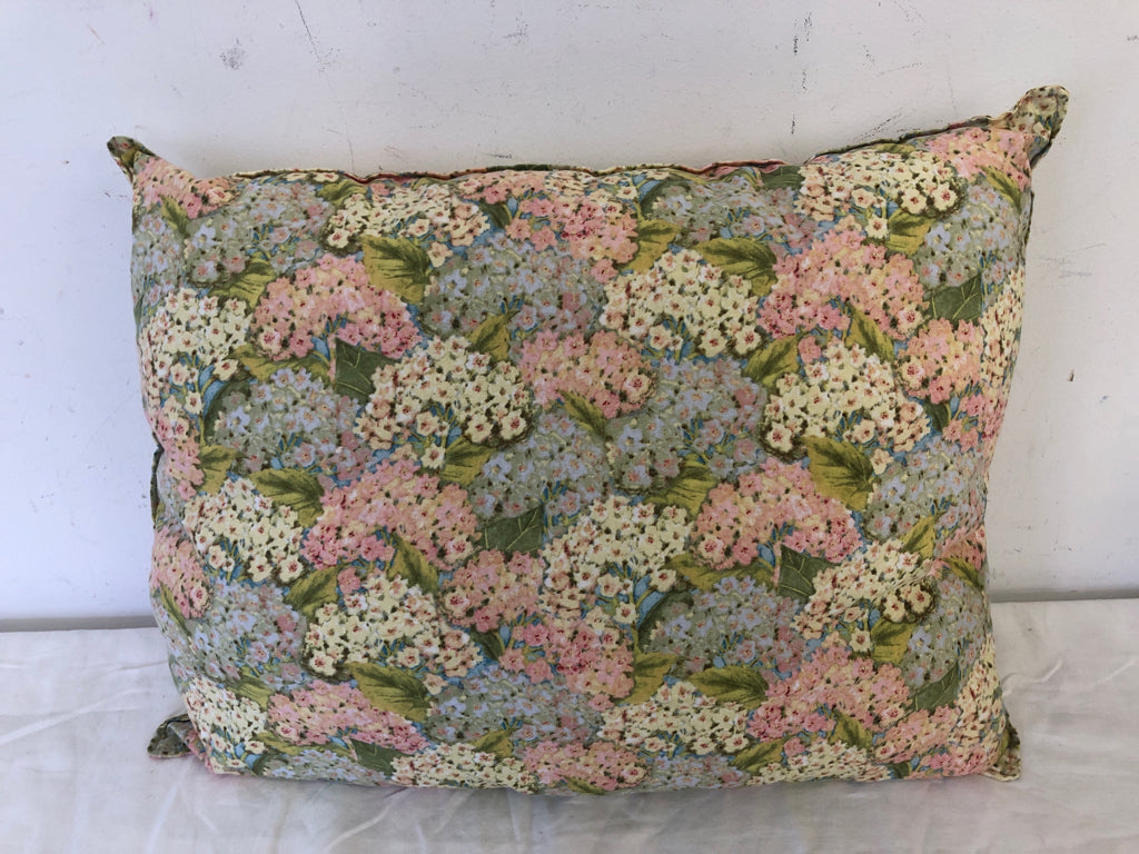 PINK AND BLUE FLORAL RECTANGLE PILLOW.