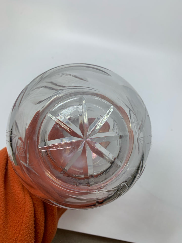 HEAVY CRYSTAL DECANTER W/ ETCHED STAR DESIGNS.
