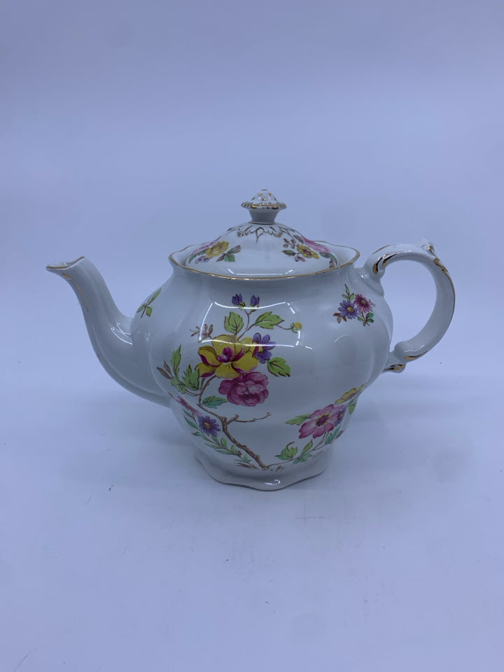 VTG YELLOW AND PURPLE FLORAL TEAPOT- ENGLAND.