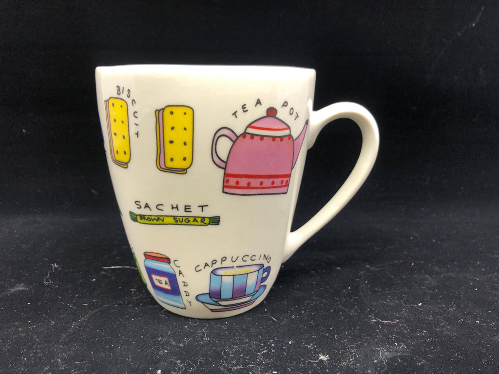 4 FLOMO CERAMIC TEA THEMED MUGS.