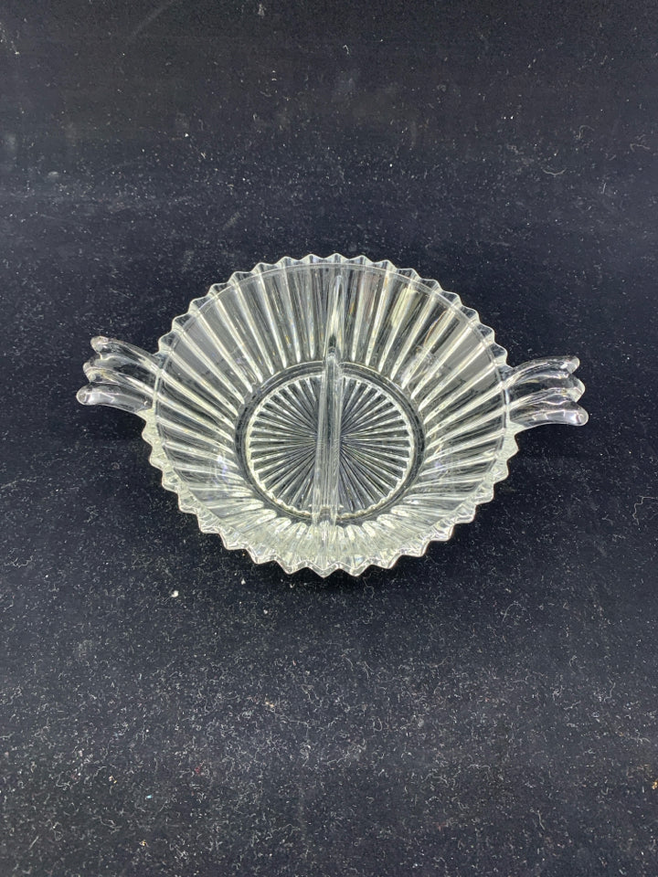 RIBBED 2 SECTION GLASS BOWL W HANDLES.