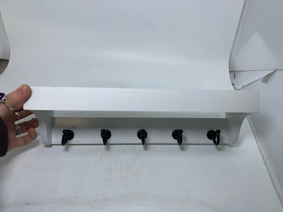 WHITE SHELF W/ 5 HOOKS WALL HANGING.