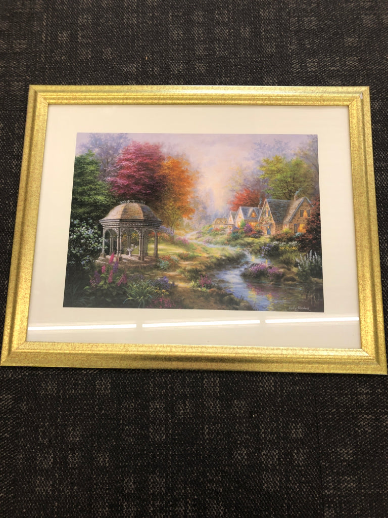 GAZEBO VILLAGE SCENE W/ COLORFUL TREES IN GOLD FRAME WALL ART.