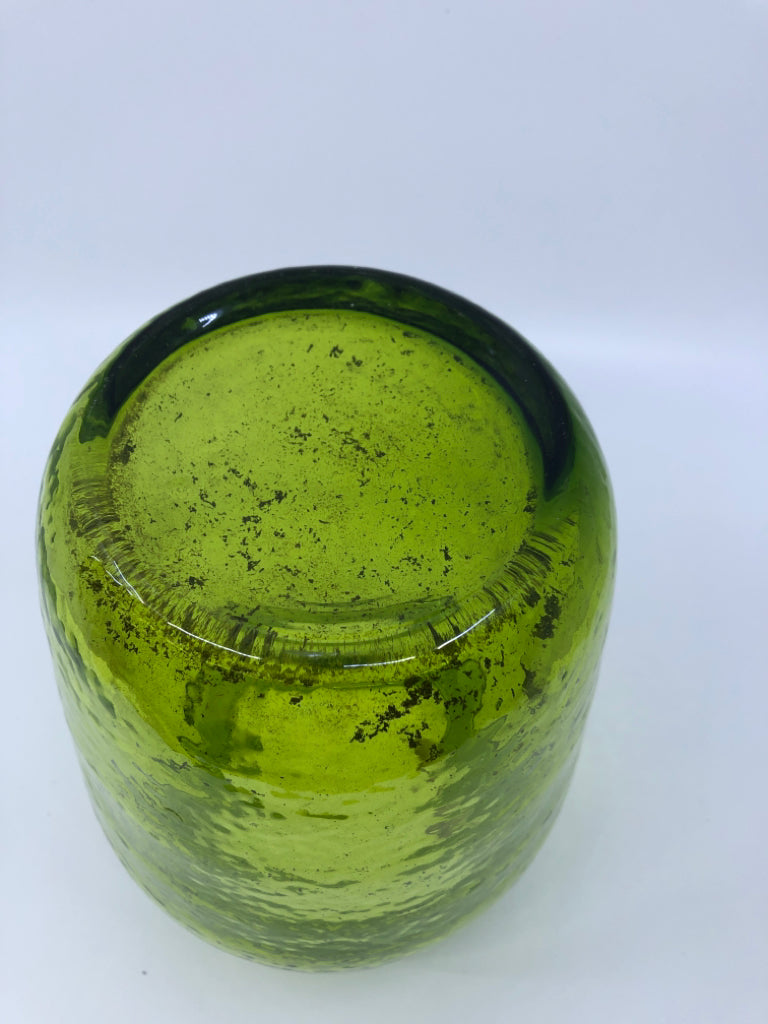 HEAVY GREEN GLASS VASE.