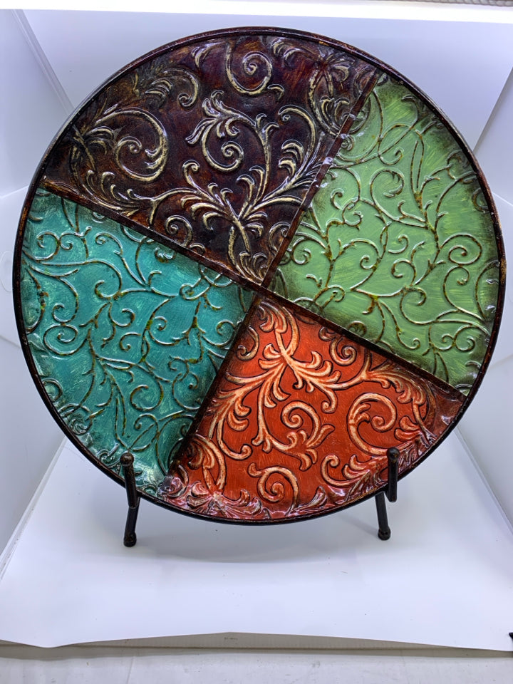 LARGE DECORATIVE METAL PLATE RED,GREEN,TEAL,BROWN WITH METAL STAND.