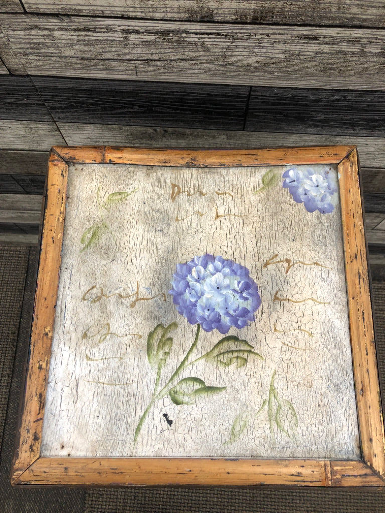 TALL BAMBOO PLANT STAND W/BLUE FLORAL TOP.
