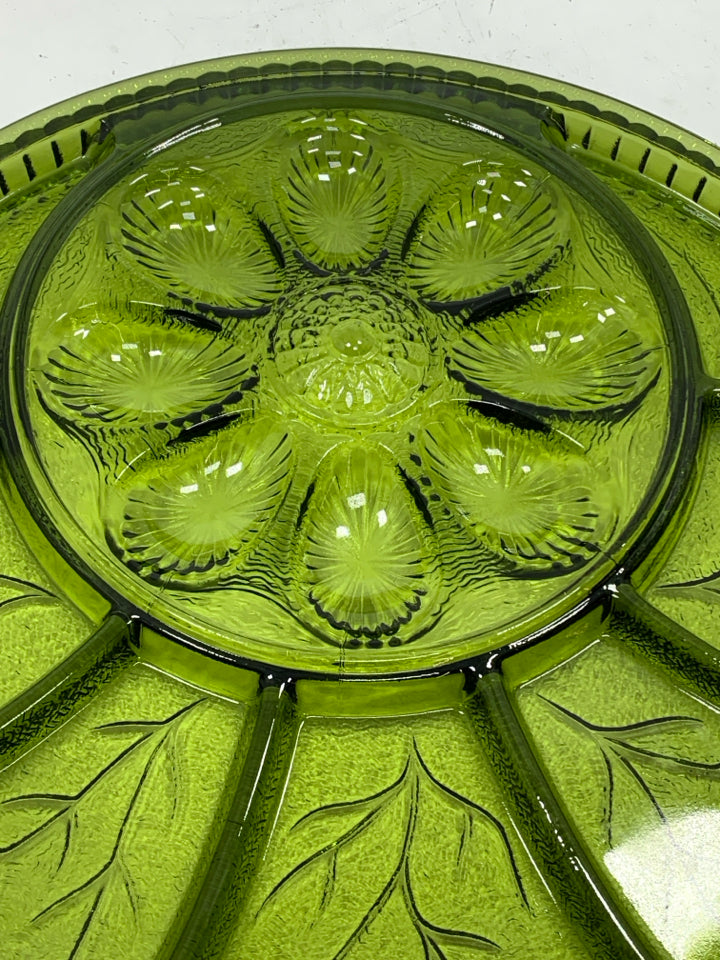 VTG GREEN GLASS EGG AND RELISH SERVING PLATE.