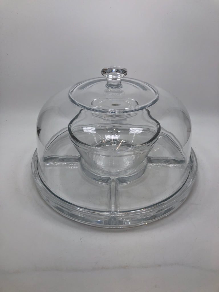 3PC DIVIDED GLASS SERVING DISH W/DOME COVER.
