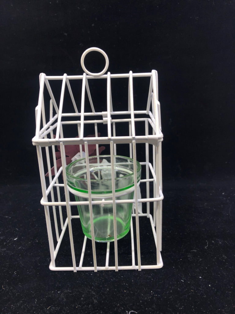 SMALL WHITE METAL BIRDCAGE TEA LIGHT HOLDER W FLORAL.