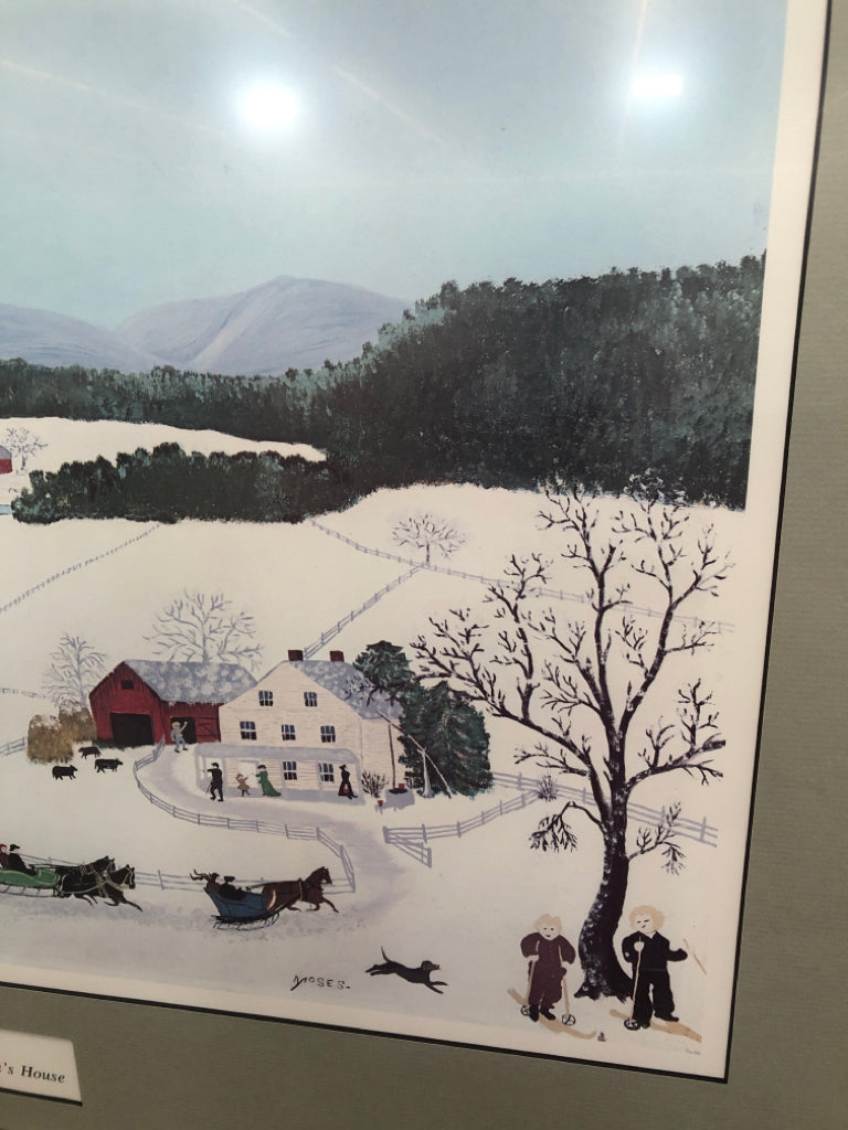 GRANDMA MOSES WALL ART OVER THE RIVER TO GRANDMAS HOUSE FRAMED PRINT.